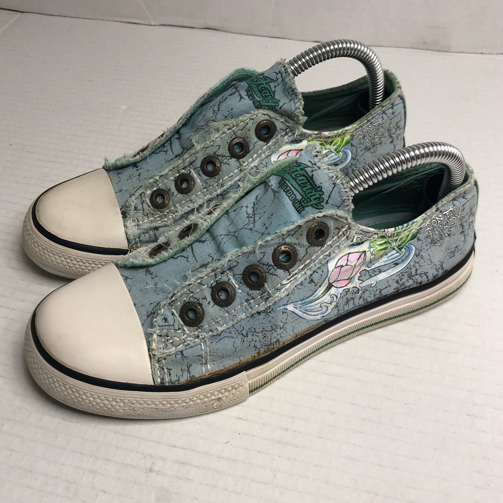 Ed Hardy Sneakers Girls 4 Tattoo Ink Low Top Pull On Shoes Spellout Flowers Blue